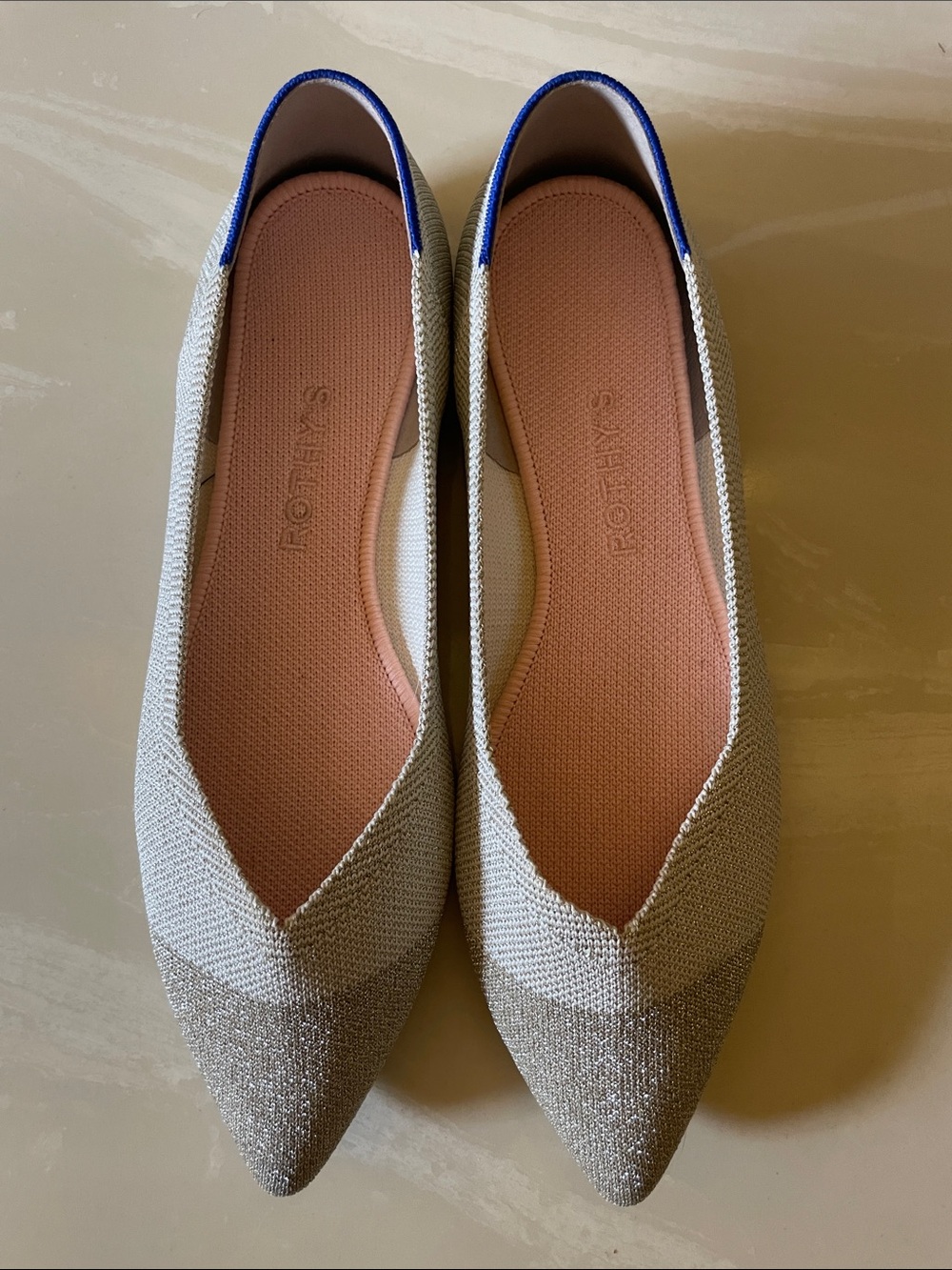 Rothy's Pointed Knit Flats in two tone Metallic Silver EUC